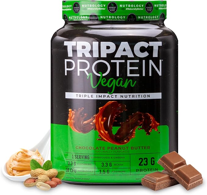 Nutrology TRIPACT Vegan Protein Powder - Vegan Meal Replacement Shakes with Organic Pea, Rice, & Pumpkin, Plant Based Protein Powder, BCAAs & Glutamine, Non-GMO, Chocolate Peanut Butter, 20 Servings