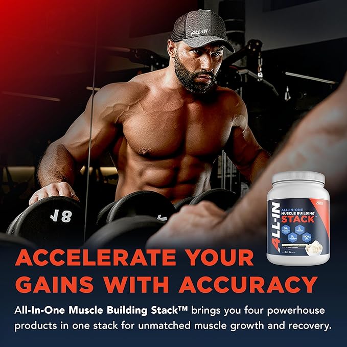 All-in-One Muscle Building Stack - Vanilla Whey Protein Isolate, Creatine Monohydrate, HMB, and L-Glutamine, 4 Products in one, Nothing Artificial, 30 Servings