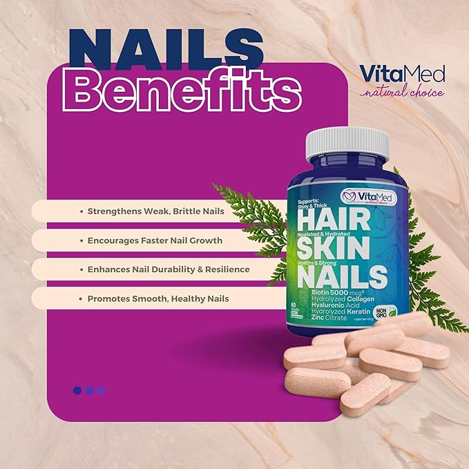 Hair, Skin, and Nails Vitamins – Complete Formula with Biotin 5000mcg, Collagen, Zinc, Keratin, and Hyaluronic Acid for Hair Growth, Strong Nails, and Glowing Skin – 60 Tablets
