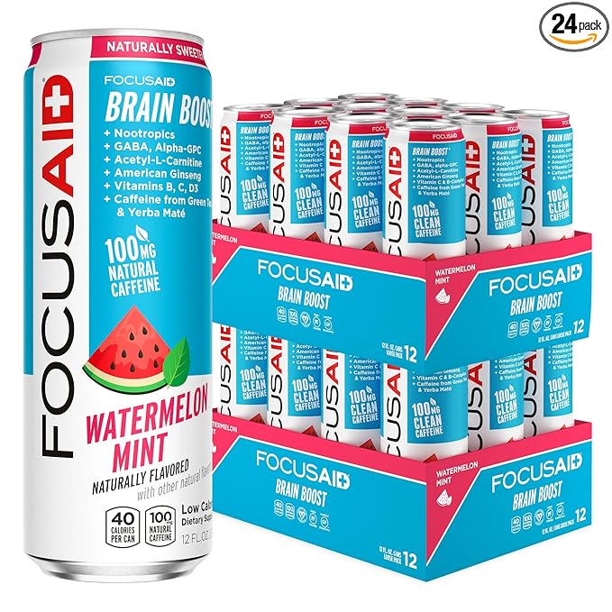 FOCUSAID Energy, Brain Boost Drink, Watermelon Mint, Nootropics, Alpha-GPC, GABA, B-Complex, 100mg Caffeine, Yerba Mate, Green Tea, 100% Clean, No Artificial Sweeteners, 12-oz. cans (Pack of 24)