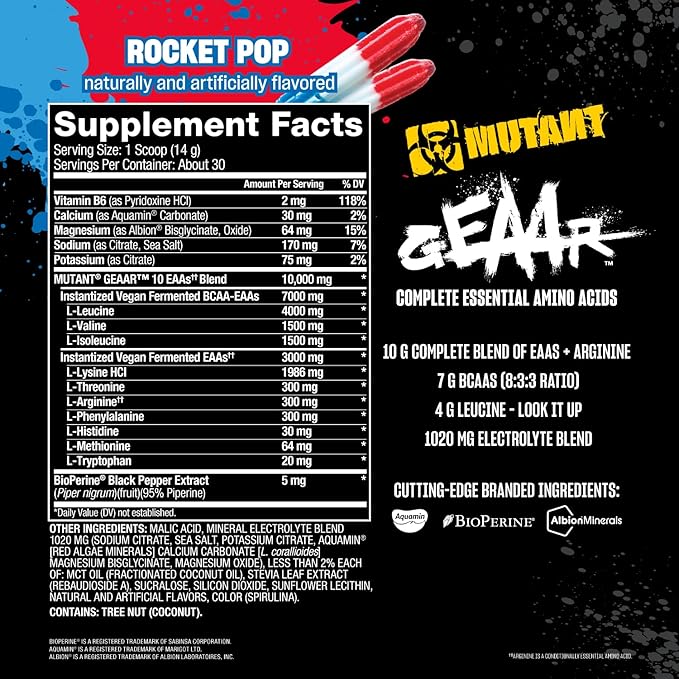 Mutant GEAAR - 9.4g of EAA Powder + Arginine, 7g BCAAs, 4g Leucine, Electrolytes, Coconut Water, No Artificial Colors or Flavors, Delicious Taste - 30 Servings - Rocket Pop - 400g