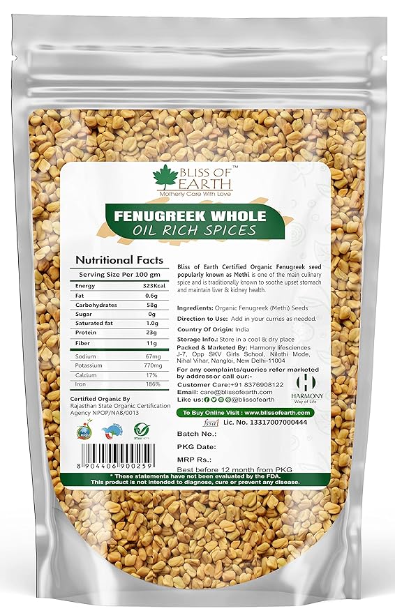 BLISS OF EARTH Organic Whole Fenugreek Seeds, Sabut Methi 1Kg