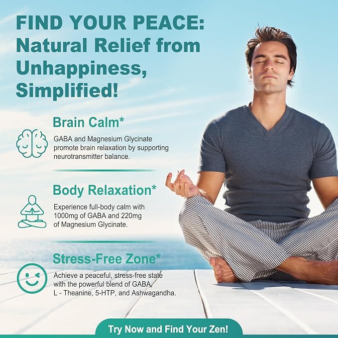 GABA Supplement - 1000 mg Liposomal Form for Optimal Absorption,GABA with L-Theanine, Magnesium Glycinate, 5HTP, Vitamin D3 for Brain Calm, Mood, Zzz Better - Melatonin-Free 120 Softgels.