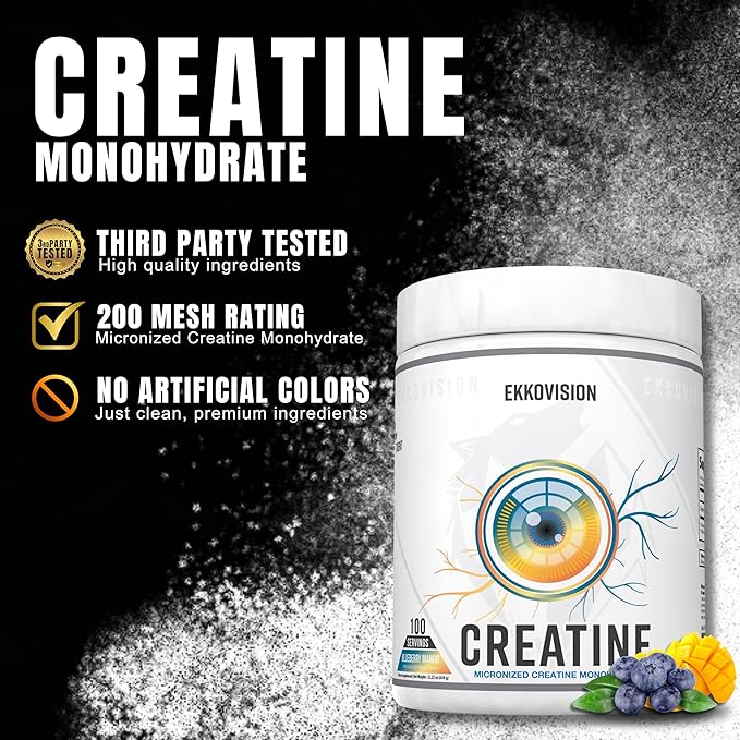 Creatine Monohydrate Powder, Micronized, Blueberry Mango, Pre Workout & Post Workout Supplement for Men and Women, Energy Support, Easy to Mix in Shakes, Smoothies & Beverages, 100 Servings