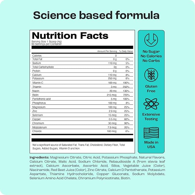 KEY NUTRIENTS Multivitamin Electrolytes Powder No Sugar - Fruity Acai Berry Electrolyte Powder - Endurance & Energy Supplement - Hydration Powder - No Calories - 90 Servings - Made in USA