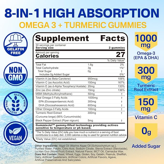 Vegan Omega-3 Gummies 1000mg + Turmeric - Omega 3 Fish Oil Alternative for Adults - Algae DHA 600mg & EPA 300mg, Vitamins A, C, E, Zinc & MSM, Sugar Free, 120 Cts