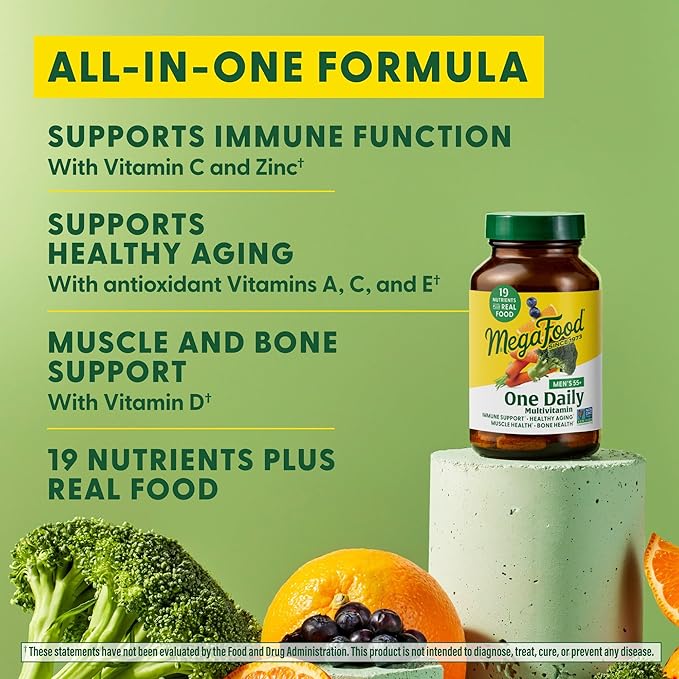 MegaFood Men's 55+ One Daily - Multivitamin for Men with Vitamin B12, C, D & Zinc - Optimal Aging & Immune Support Supplement - Vegetarian - Made Without 9 Food Allergens - 60 Tabs