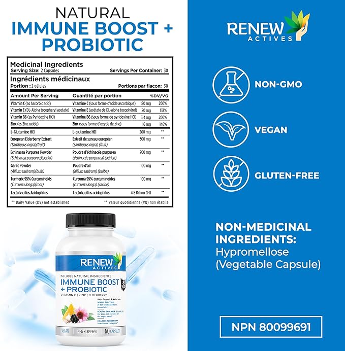 RENEW ACTIVES Antioxidant – Elderberry, Probiotics, Zinc, Vitamin C & Organic Turmeric 700MG per 2 Capsules – For Immune Function, Collagen Formation, & Overall Wellness – Made in Canada - 60 Capsules