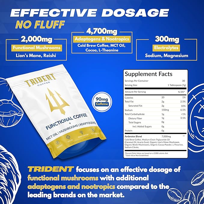 Trident Functional Mushroom Coffee | Cold Brew Coffee, MCT Oil, Lion's Mane, Reishi, Cacao, L-Theanine, Electrolytes | Better Focus, Energy, Brain Health & Low Acid | Adaptogen Coffee | 30 Servings