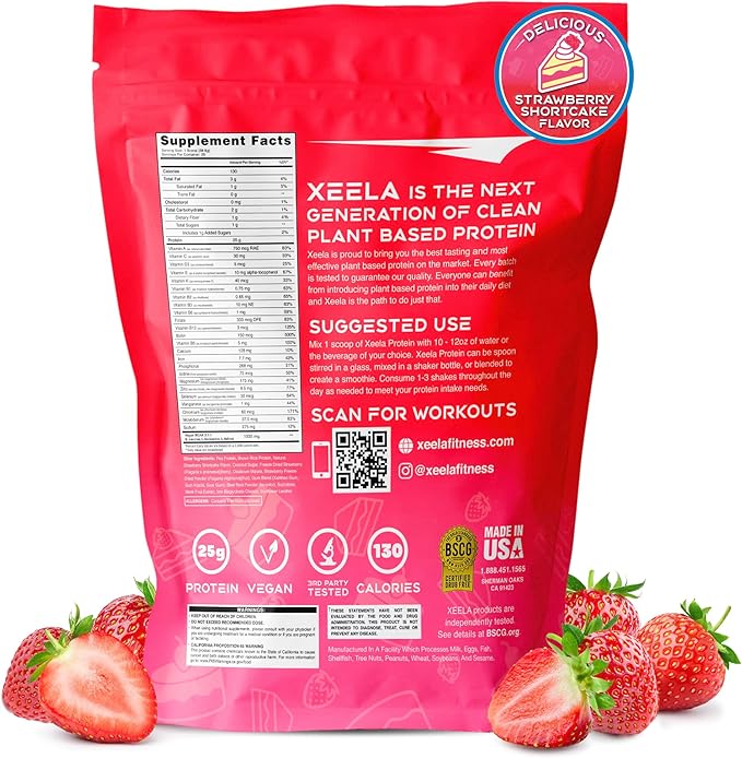 XEELA Plant Based Vegan Protein Powder - Independently Tested - 25g High Protein, Pea Protein for Men & Women - Vitamins & Minerals, Non GMO, Dairy & Gluten Free, LowCarb & LowFat (Strawberry Cake)