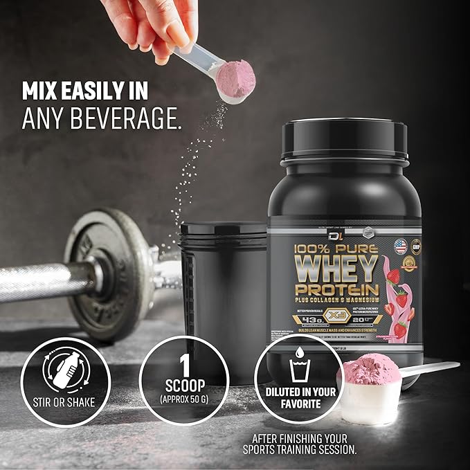 DL 100% Pure Whey Protein Powder + Collagen & Magnesium | 43g Protein – 8.7g BCAA – 0g Fat | Muscle Gain, Recovery & Nutrient Delivery | Immune Support | Quick & Easy Mixing Protein Powder | 2 lb