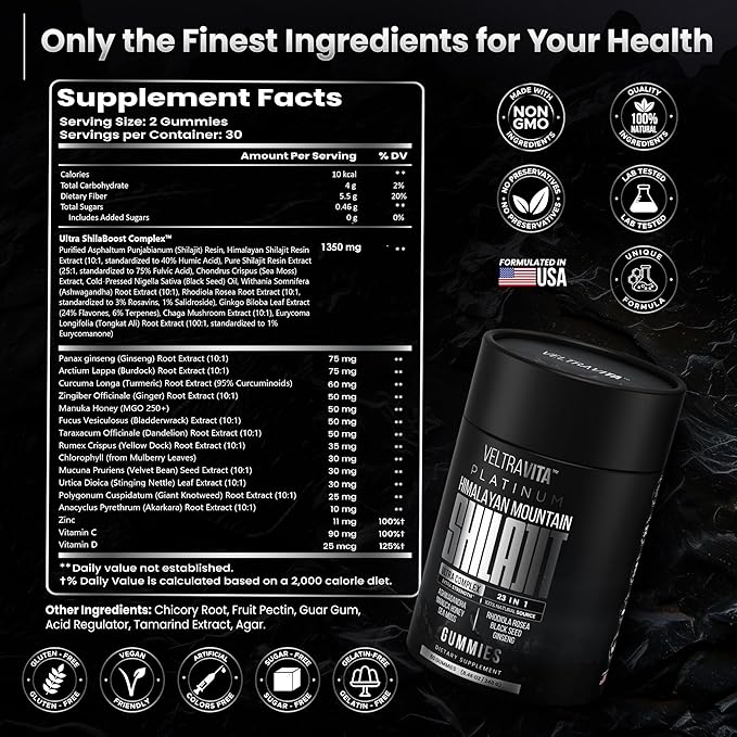 28000 mg, 23-in-1, Himalayan Shilajit for Men, Ashwagandha Gummies Platinum, Irish Sea Moss Gel, Black Seed Oil, Manuka Honey medical grade, Tongkat Ali, Rhodiola Rosea Supplement, No Sugar, Lab Test