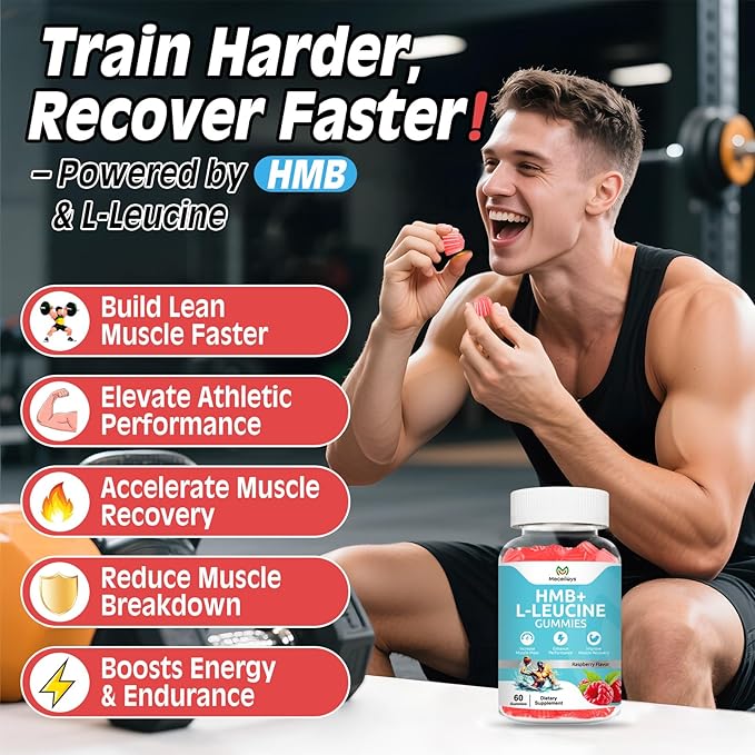 HMB & L-Leucine Gummies 4000mg (60 Count) - Sugar Free, Vegan, Non-GMO, Gluten Free - Supports Muscle Growth, Recovery & Endurance for Men, Women & Elder - Raspberry Flavor