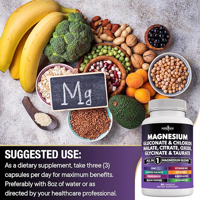 NEW AGE Magnesium Supplement -Powerful Glycinate Citrate Malate Oxide Taurate Aspartate Gluconate Orotate & Mag Chloride Manganese Bone Health and Bone Strength, Joint Support - 90 Count