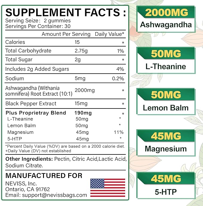 NEVISS Ashwagandha Gummies 2000mg, Feel Refreshed, Plus Proprietary Blend with 5-HTP, L-Theanine, Lemon Balm, Magnesium for Calm, Zzzs, Mood, Energy & Relaxation Support (1 Pack (60 Countss))