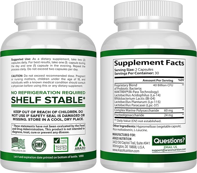 Arazo Nutrition Probiotic 40 Billion CFU - Shelf Stable with Prebiotics and Acidophilus - Stable Potency Until Expiration – Time Delay Release Probiotics