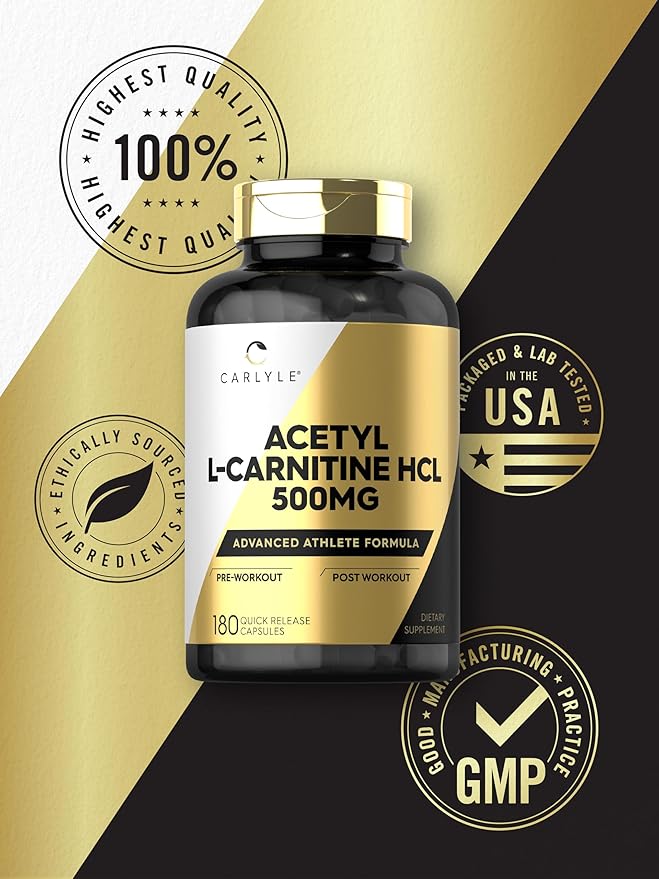 Carlyle Acetyl L-Carnitine HCL Supplement | 500mg Capsules | 180 Count | Advanced Athlete Formula | Non-GMO & Gluten Free