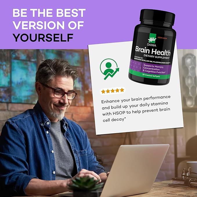 Daiwa Brain Health Supplement for Adults - Plasmalogen Focus Supplement for Memory and Concentration - Cognitive Brain Booster with 50mg of Hokkaido Scallop Oil Plasmalogen (HSOP) - 30/ct