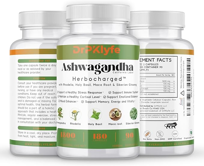 Ashwagandha Complex 5-1 Blend with Rhodiola Rosea Supplement, Maca Root, Holy Basil, Siberian Ginseng for Stress Relief, Focus, Sleep, Energy, Vitality - 180 Capsules