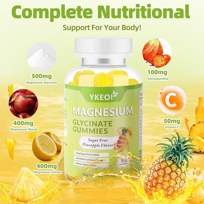 Magnesium Glycinate Gummies 500 Mg with Ashwagandha,Sugar Free Magnesium Supplement Triple Magnesium Complex with Malate,Citrate, Vitamin C D3 B6,Magnesium Supplement for Adults- 90 Gummies
