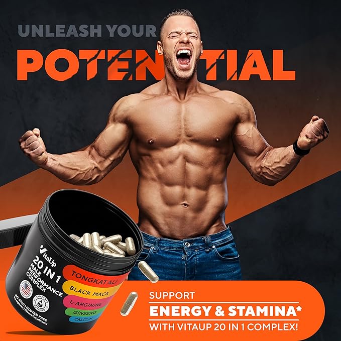 Tongkat Ali for Men 20 in 1 with Astragalus - USA Made Mens Supplement Complex with Black Maca Root, L-Arginine, Ginseng, Calcium, Astragalus for Normal Strength & Endurance Support - 90 Caps