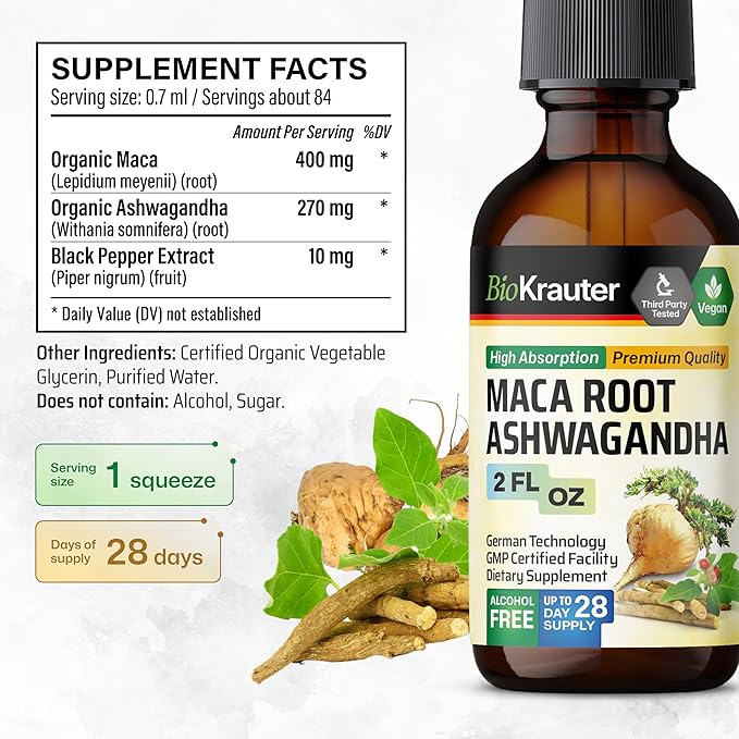 BIO KRAUTER Maca Root and Ashwagandha Tincture - Maca & Ashwagandha Supplements for Men & Women - Liquid Supplement for Mood Support - Alcohol and Sugar Free - Vegan Drops 2 Fl.Oz.