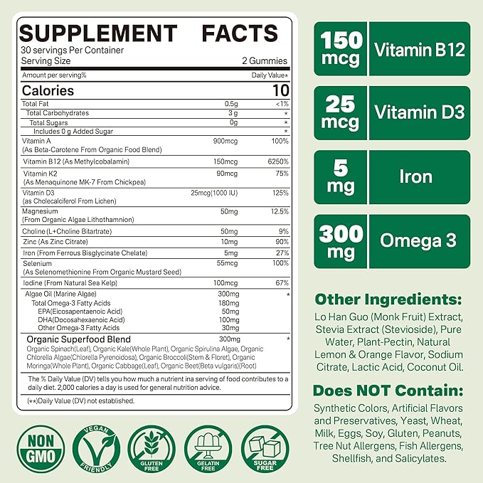 Vegan Multivitamin for Women & Men (Made in USA) w/ Methyl B12, D3 K2, Plant Based Omega 3 (DHA+EPA), Iron, Choline, Zinc, Whole Food Daily Vitamins Gummies for Vegans & Vegetarians, Sugar Free, 60Cts