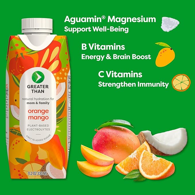 Greater Than Lactation Supplement Support, Coconut Water, Vitamins & Electrolyte Drink for Breastfeeding & Immune Support, Lactation Cookies Alt, Gluten Free, Low Sugar, 12 Pack, Orange Mango