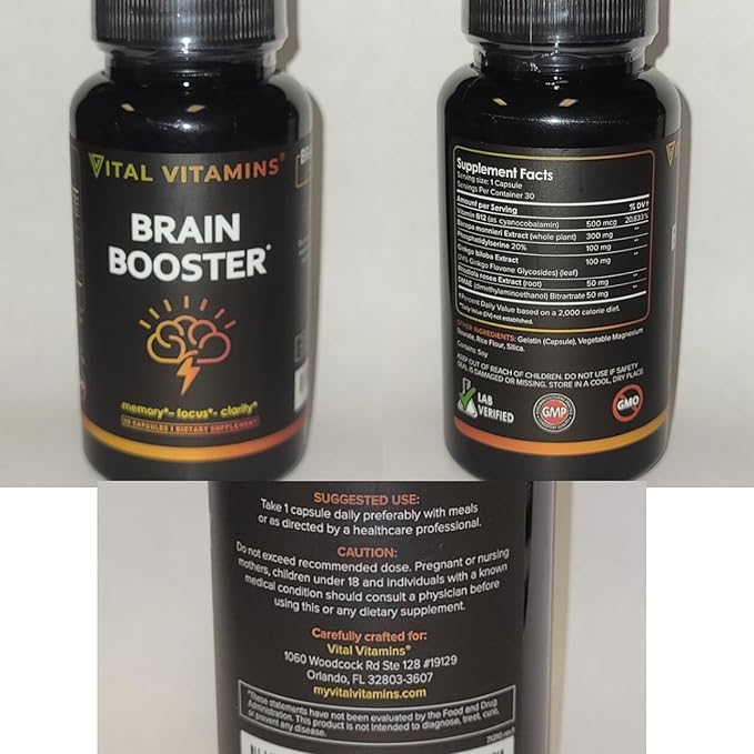 Vital Vitamins Brain Supplements for Memory and Focus (2-Pack)– Nootropic Brain Booster with Ginkgo Biloba, Rhodiola, B12 – Caffeine-Free Support for Adults & Seniors – 60-Day Supply