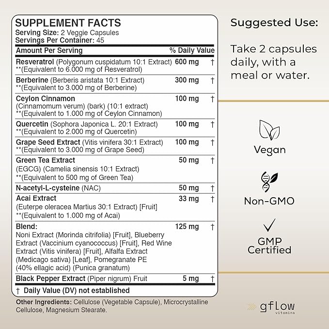 Resveratrol Supplement - 6000mg Max Strength with Berberine 3000mg Ceylon Cinnamon 1000mg Quercetin 2000mg, n Acetyl cysteine, Green Tea Extract, Acai - 14-in-1 Complex, 100% Natural