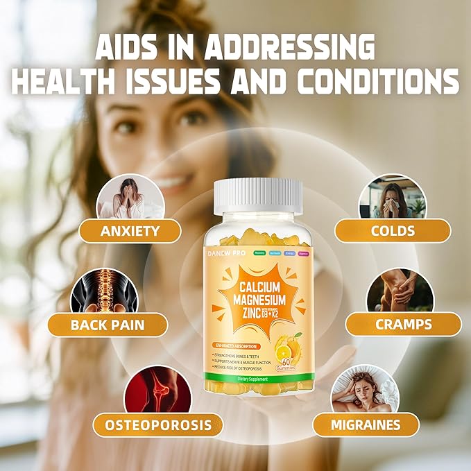 Calcium Magnesium Zinc Gummies with Vitamin D3 & K2 - High Potency Enhanced Absorption -60 Orange Gummies