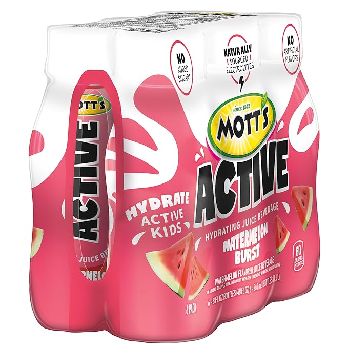Mott's Active Watermelon Burst Hydrating Juice Beverage, 8 Fl Oz Bottles, 24 Count (4 Packs Of 6), Made With Naturally Sourced Electrolytes & Coconut Water, Gluten & Caffeine-free, Kosher