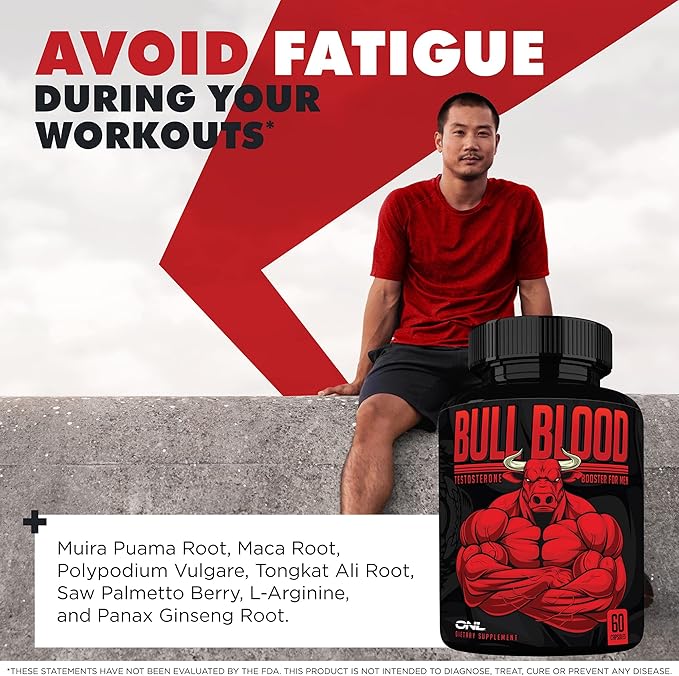 Bull Blood Testosterone Booster & Nitric Oxide Supplement for Men – Maca Root, Tribulus, Tongkat Ali & L-Arginine – Stamina & Vitality Support – 60 Ct Each