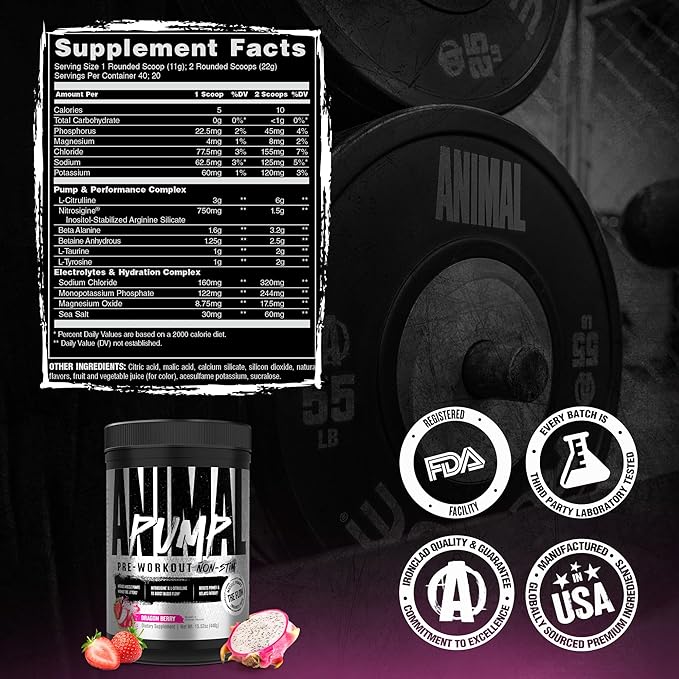 Animal Pump NS Stim-Free Pre Workout Powder for Men & Women - Caffeine-Free Preworkout for Energy, Focus, and Muscle Builder, Beta Alanine, Citrulline, Nitrosigine and Nootropics, Dragon Berry, 440g