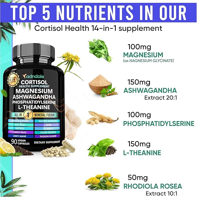 Cortisol Supplements for Women. Cortisol Manager 14-in-1 Ashwagandha Supplement with Magnesium Glycinate, L-Theanine & More. Support Stress Management & Stamina. 90 Capsules.