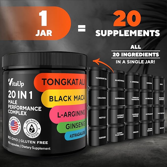 Tongkat Ali for Men 20 in 1 with Astragalus - USA Made Mens Supplement Complex with Black Maca Root, L-Arginine, Ginseng, Calcium, Astragalus for Normal Strength & Endurance Support - 90 Caps