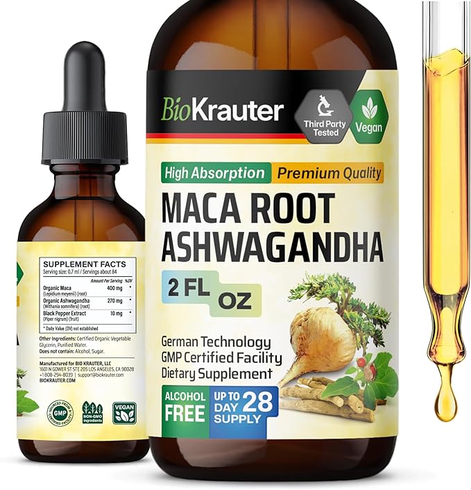 BIO KRAUTER Maca Root and Ashwagandha Tincture - Maca & Ashwagandha Supplements for Men & Women - Liquid Supplement for Mood Support - Alcohol and Sugar Free - Vegan Drops 2 Fl.Oz.