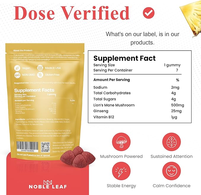 Lion Mane Mushroom Gummies for Focus and Energy - Focus Gummies for Adults with American Ginseng & B12 for Clarity & Natural Energy, Vegan, Non-GMO, Gluten Free, Fruit Punch Flavor, 7 Count