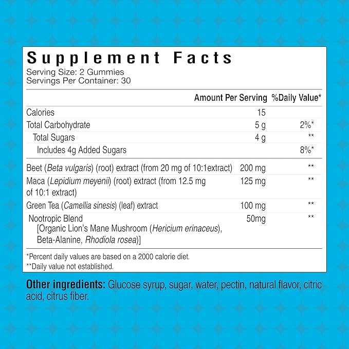 Pre Workout Gummies, Supports Energy Levels, Boosts Performance, Beta Alanine, Green Tea Extract, Nootropic Blend for Focus, Natural Beet Root, Blue Raspberry, 60 Gummies, 30 Servings