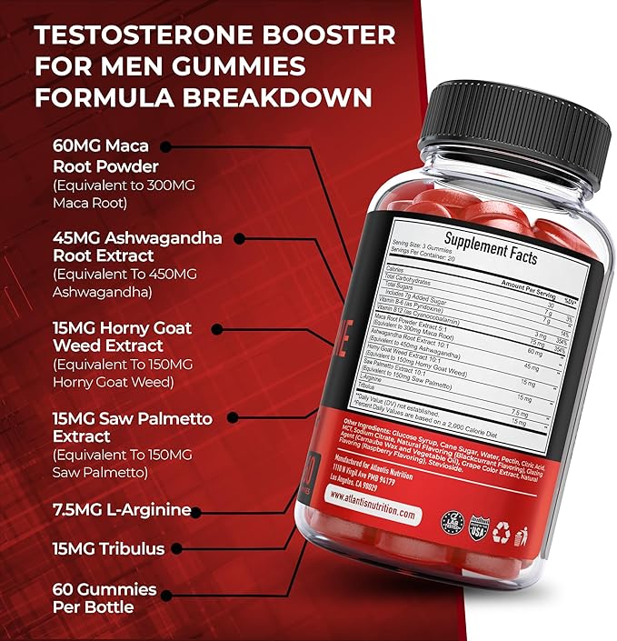 Atlantis Nutrition Testosterone Booster Gummies For Men - Enhances Strength & Stamina - Optimizes Performance & Male Enhancement - Made With Tribulus, Horny Goat Weed, Maca Root | 2-Pack (120 Gummies)