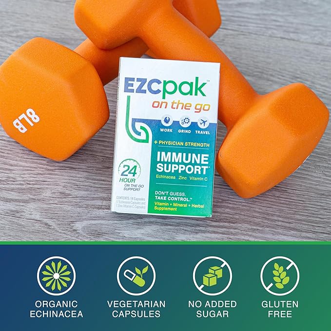 EZC Pak On The Go Immune System Booster with Echinacea, Vitamin C, Zinc, Immune Support Supplement, Immunity Vitamins for Adults, Travel-Friendly Packaging, Vegetarian, Gluten-Free