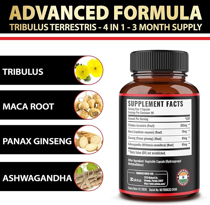 Zolotus Premium Tribulus Terrestris Capsules - Combined with Ashwagandha, Panax Ginseng & Maca - 90 Counts for 3 Months