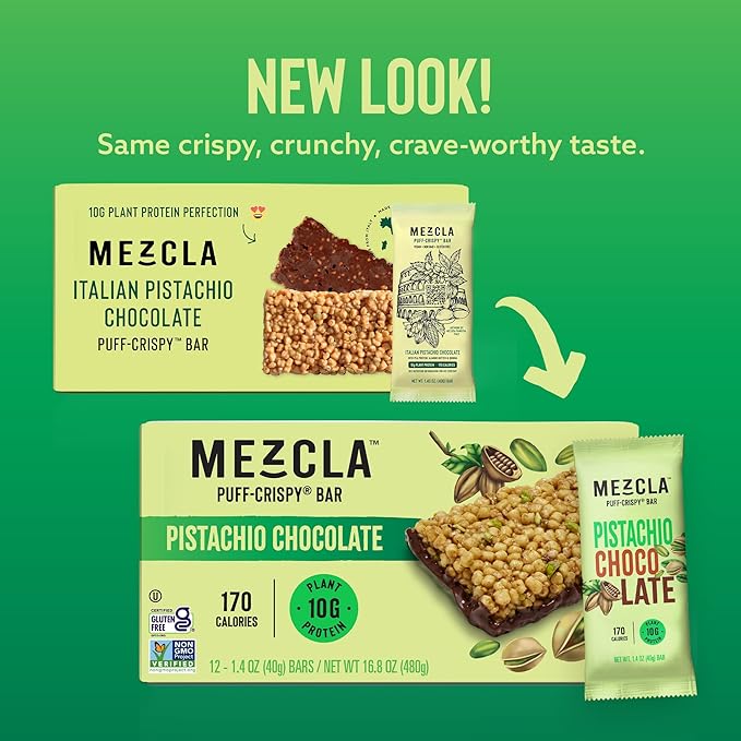 Mezcla Vegan Protein Bars, Gluten Free Snack Made with Dark Chocolate, Pea Protein, Pistachios and Other Premium Ingredients, Dubai Chocolate Bar, Healthy Snacks, Pistachio Chocolate, 10g of Protein, 12 Pack