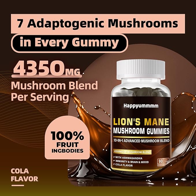 Mushroom Gummies - 10x Mushroom Supplement with Ashwagandha and Lions Mane (90 Chews) Nootropic Brain Supplement, Immune Support & Stress Relief-Coke Flavor