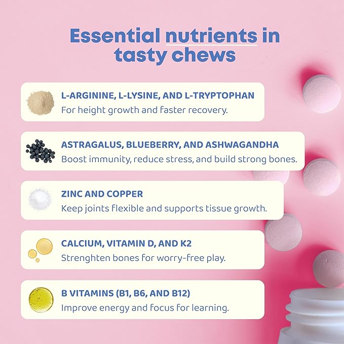 JoySpring Growth Vitamins for Teens & Height Support for Kids - Enourages Stronger Bones & Healthy Natural Growth - Sugar Free - L-Arginine, L-Lysine, Zinc, Vitamin D & K2-30 Servings