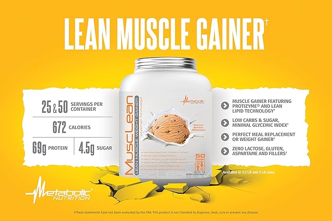 Metabolic Nutrition - Musclean - Milkshake, Whey High Protein Meal Replacement, Maintenance Nutrition, Low Carb, Keto Diet, Digestive Enzymes, Peanut Butter, 5 Pound (50 ser)