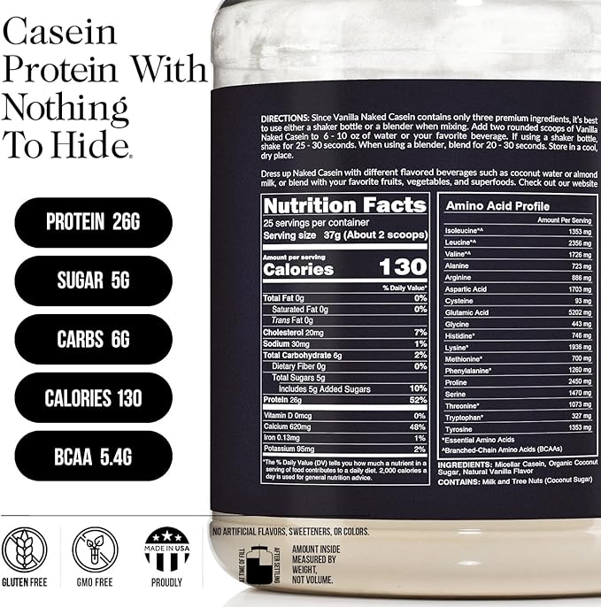 NAKED Casein - 2Lb Micellar Vanilla Casein Protein - Bulk, GMO-Free, Gluten Free, Soy Free, Preservative Free - Stimulate Muscle Growth - Enhance Recovery - 15 Servings