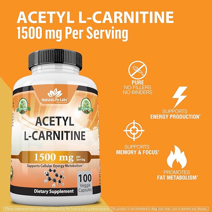 Acetyl L-Carnitine 1,500 mg High Potency Supports Energy Production, Sports Nutrition, Supports Memory/Focus - 100 Veggie Capsules