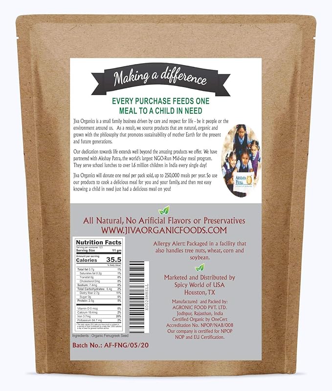 Jiva Organic Fenugreek Seeds 2.5 LB Bulk - Non-GMO, Gluten Free, Non Irradiated Whole Methi Seeds (Fenogreco En Semillas)