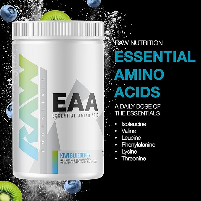 RAW EAA Amino Acids Powder, Kiwi Blueberry (25 Servings) - Pre Workout Amino Energy Powder for Strength, Endurance, Recovery & Lean Muscle Growth - BCAA Amino Acids Supplement for Men & Women